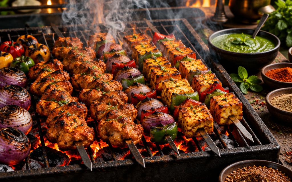 Chicken tikka and paneer skewers sizzling on a barbecue grill