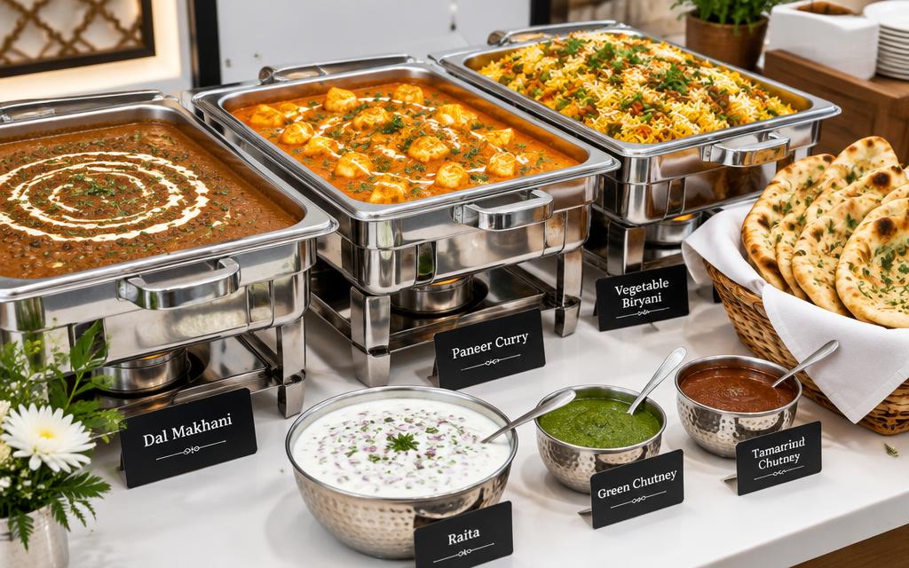 Indian buffet dishes arranged in catering chafing trays
