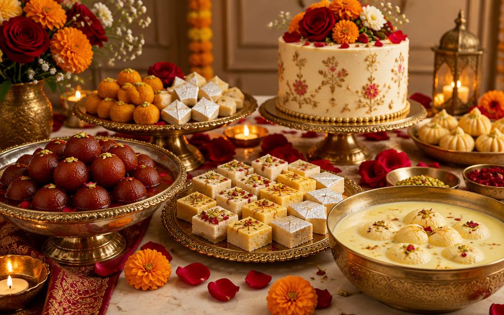Indian celebration sweets including gulab jamun and barfi