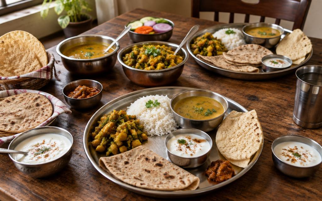 Home-style Indian thali with curries, rice and breads