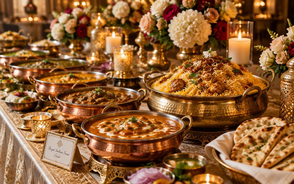 Wedding feast with Indian curries and biryani in copper serving bowls
